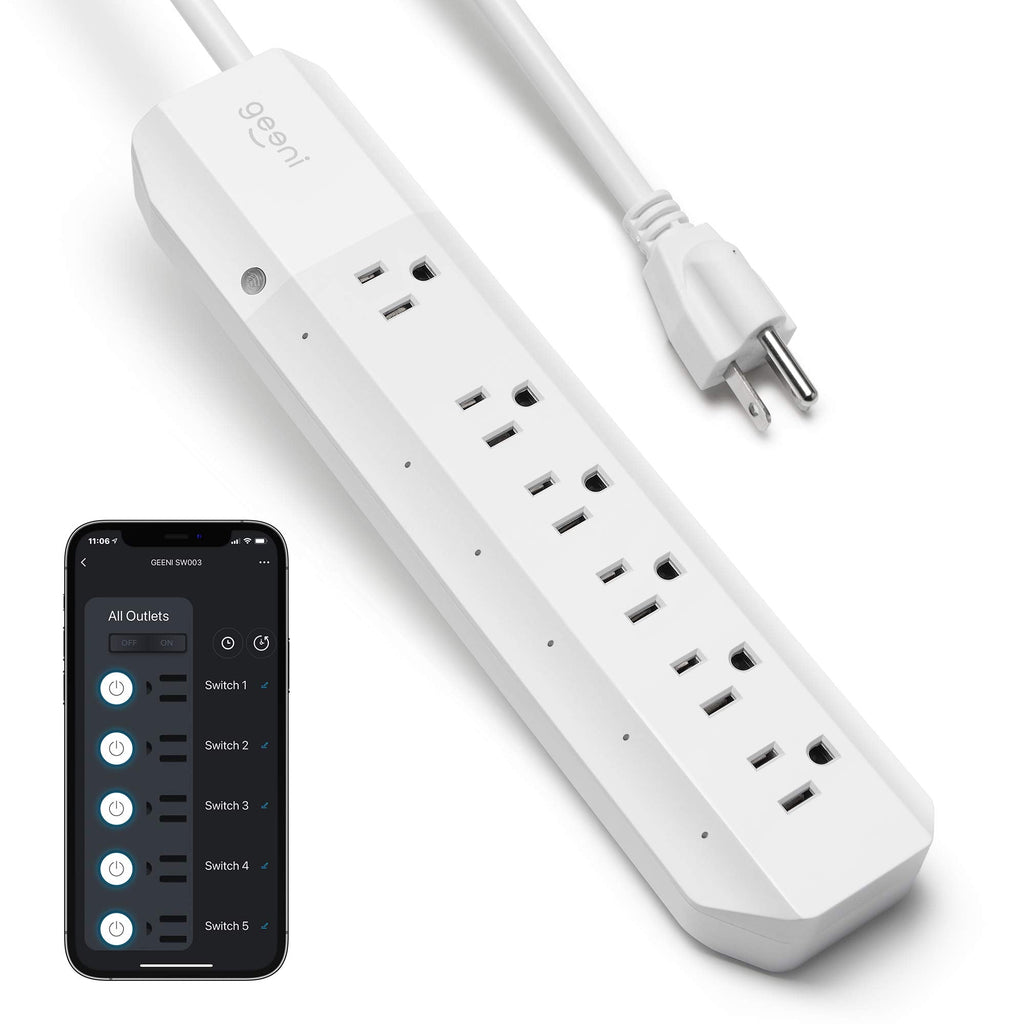 Geeni Surge 6-Outlet Smart Extension Cord, Surge Protector and Cord Extender, Works with Alexa, Google Assistant, Requires 2.4 GHz WiFi, 3 Feet 6 Outlet