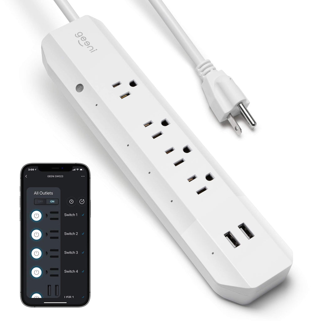 Geeni Surge 4-Outlet, 2 USB Smart Extension Cord, Surge Protector Cord Extender, Works with Alexa and Google Assistant, Requires 2.4 GHz Wi-Fi, 3 Feet 4 Outlet +2 USB