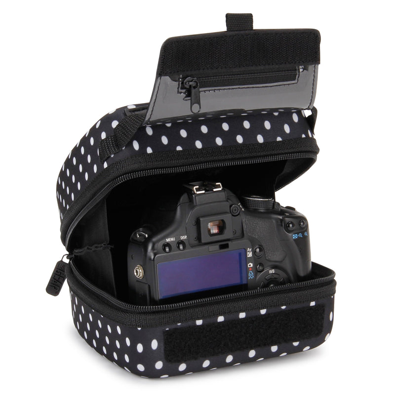 USA GEAR Hard Shell DSLR Camera Case (Polka Dot) with Molded EVA Protection, Quick Access Opening, Padded Interior and Rubber Coated Handle-Compatible with Nikon, Canon, Pentax, Olympus and More Polka Dot - Standard