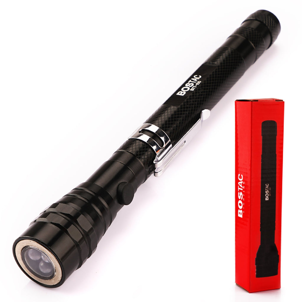 BOSTAC BTT-100 Utility Flashlight - Extendable Magnetic 6 LED Light - Retrieve Metal Parts and Tools from Hard to Reach Places - Aluminum Body with 22.5” Extension and Pivoting Gooseneck