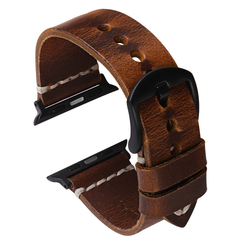 Oil Wax Leather Strap Watchband Compatible with Smart Watch Band 38mm 42mm Series 123, Nike+,Sport,Edition,Dark Brown Oil wax leather-Dark Brown-Black Adapters for 42mm series3/2/1