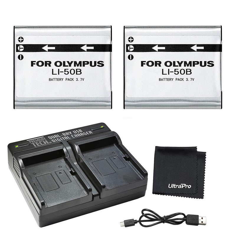 UltraPro 2-Pack LI-50B High-Capacity Replacement Batteries w/Rapid Dual Charger for Select Olympus Cameras - UltraPro Bundle Includes: Deluxe Microfiber Cleaning Cloth 2 Batteries + Dual Charger