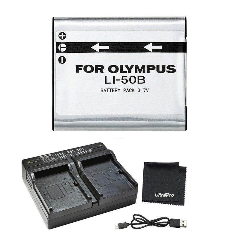 UltraPro LI-50B High-Capacity Replacement Battery w/Rapid Dual Charger for Select Olympus Cameras - UltraPro Bundle Includes: Deluxe Microfiber Cleaning Cloth 1 Battery + Dual Charger
