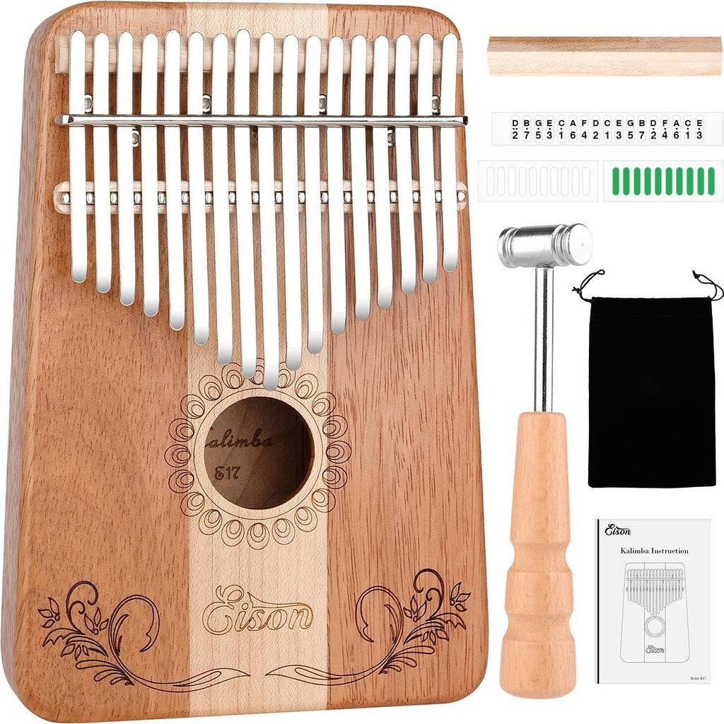 Kalimba,Eison Kalimba with Key Locking System Thumb Piano Finger Piano 17 keys with Instruction and Tune Hammer, Solid Wood Mahogany & Maple Body- Best Gift for Music Fans Kids Adults Kalimba E17