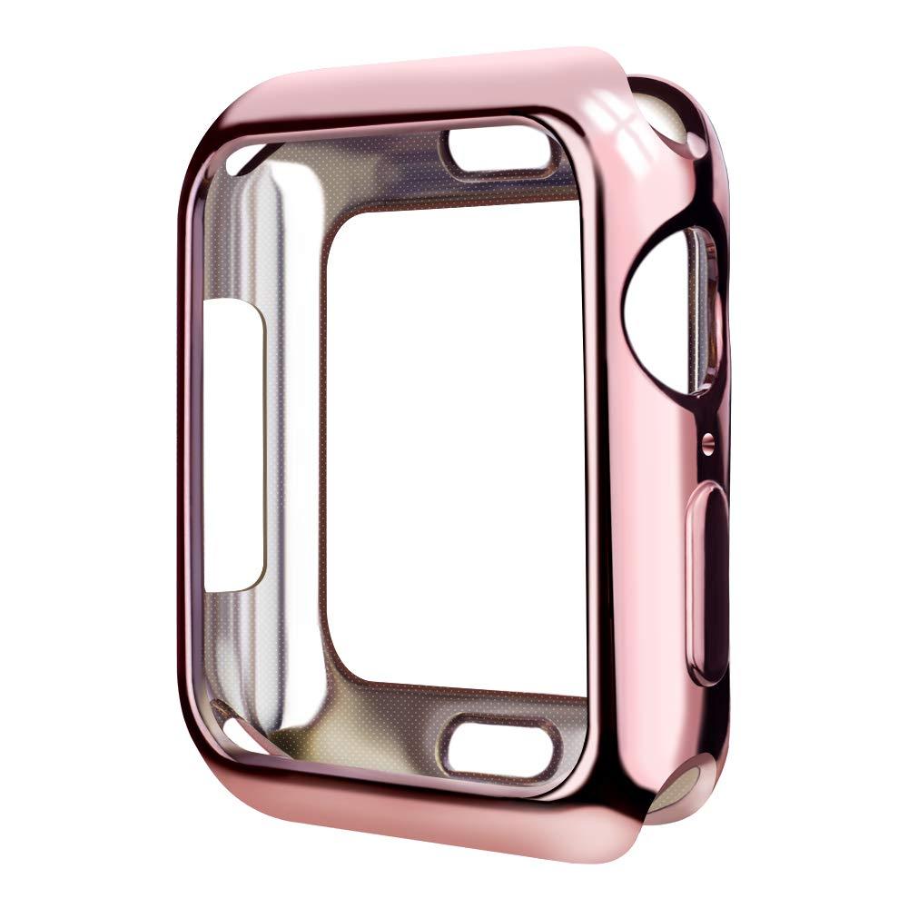 SMEECO Case for Watch 38mm Series 3 Series 2 Series 1 Watch case with Metaliz Hood Flexible Clear Soft TPU Lightweight Protective Pretector Cover-Shiny Rose Gold Shiny Rose Gold 38 mm