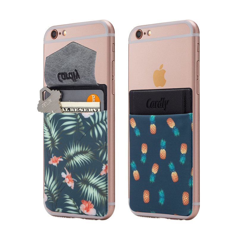 (Two) Secure Cell Phone Stick On Wallet Card Holder Phone Pocket for iPhone, Android and All Smartphones. (Tropical) Tropical