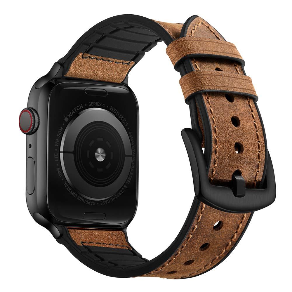 OUHENG Compatible with Apple Watch Band 45mm 44mm 42mm, Sweatproof Genuine Leather and Rubber Hybrid Band Strap Compatible with iWatch Series 7 6 5 4 3 2 1 SE, Brown Band with Black Adapter Brown/Black 45mm/44mm/42mm