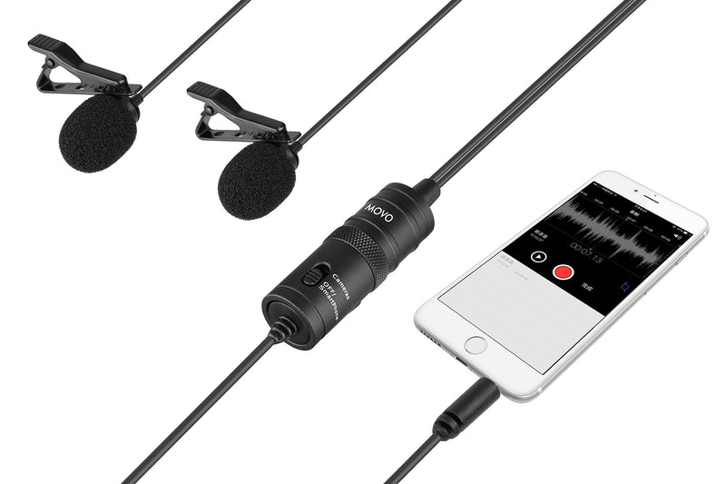 Movo LV2 Dual Lavalier Microphone Set - Clip-on Omnidirectional Condenser Interview Microphone for Smartphones, Tablets, Cameras, Camcorders, and Recorders