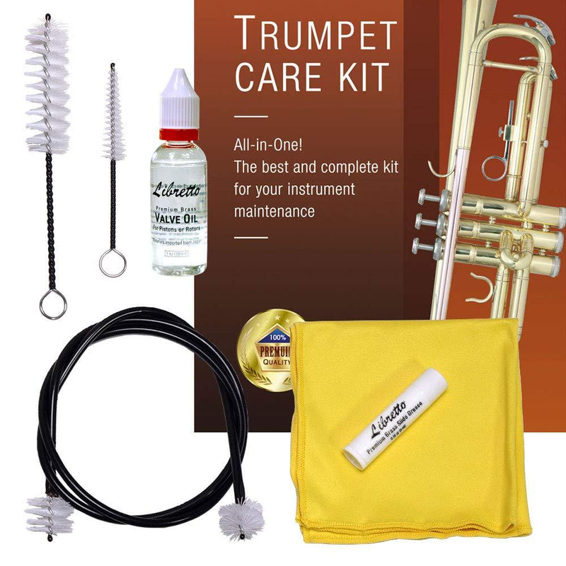 Libretto Trumpet (Cornet) ALL-INCLUSIVE Care Kit w/Instructions: Valve Oil+Slide Grease+Cleaning Cloth+Mouthpiece/Valve/Bore Brushes, Giftable Handy Case, Time to Clean & Extend Life of your Trumpet!
