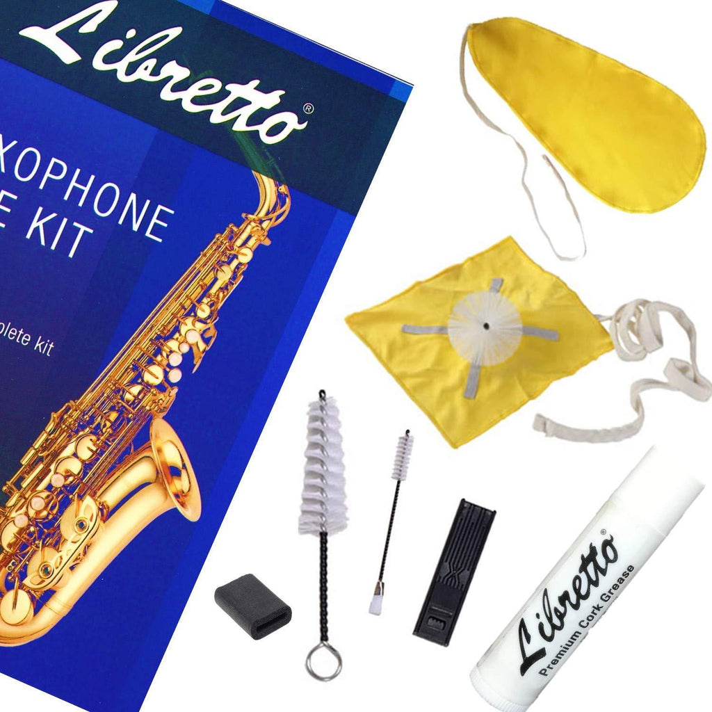 Libretto Alto Saxophone ALL-INCLUSIVE Giftable Care Kit: Mouthpiece Brush + Dust Brush + 2 Microfiber Cleaning Swab + Thumb Cushion + Premium Cork Grease + Reed Case, Handy Case, Extend Life of Sax!