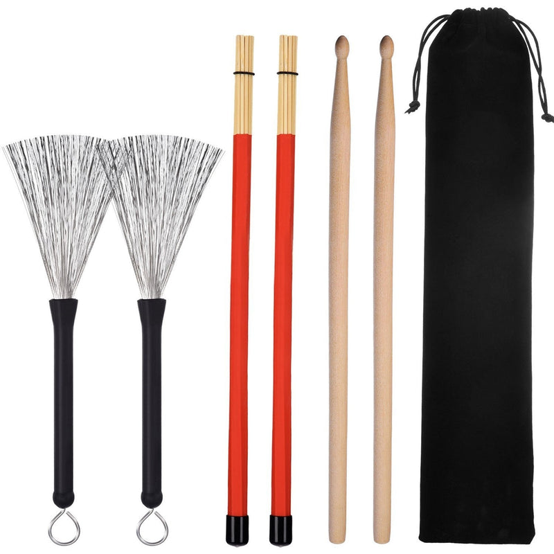 Pangda 1 Pair 5A Drum Sticks Classic Maple Wood Drumsticks Set 1 Pair Drum Wire Brushes Retractable Drum Stick Brush and 1 Pair Rods Drum Brushes for Jazz Folk, Total 3 Pairs with Storage Bag