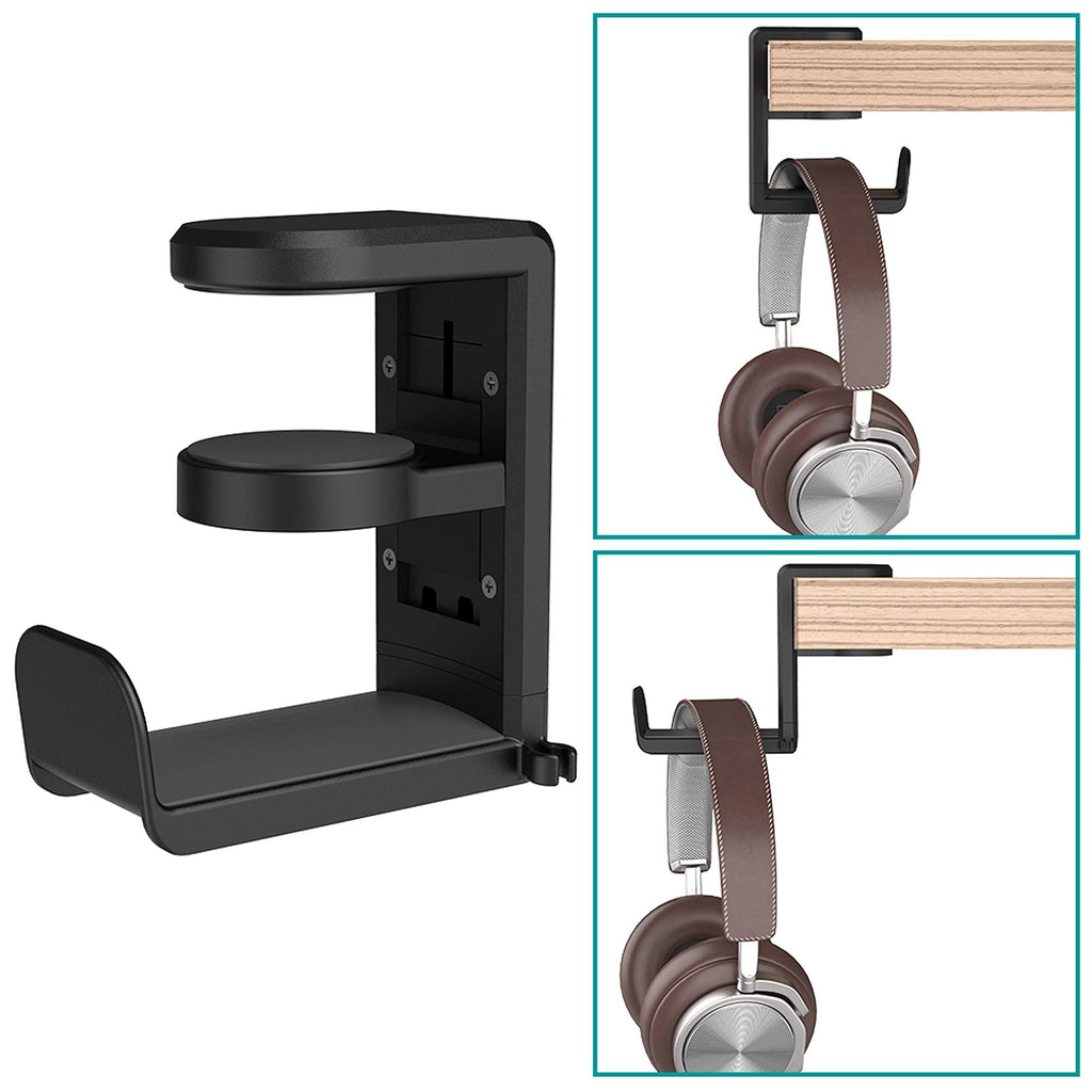 Headset Headphone Hanger Under Desk Swivel Hook, Spring Clamp (No Adhesive Required) Klearlook Universal PC Gaming Headset Earphone Display Stand Holder Table Mount Built-in Cord Clip Organizer