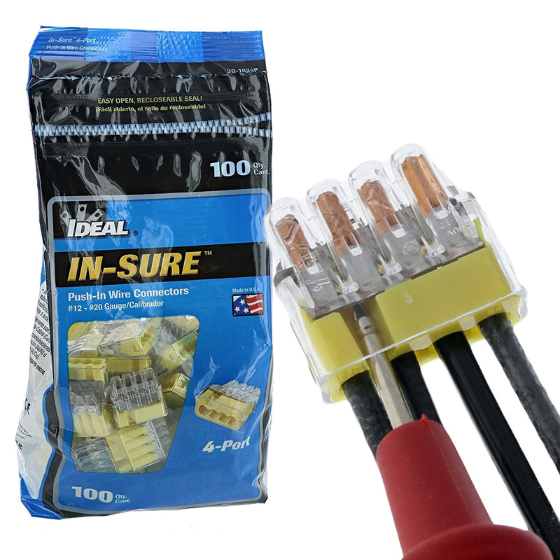 (100 Pack) Ideal in-Sure 4-Port, 34 Yellow Non-Twist 4 Conductor Connector for Solid, Stranded, and Tin Bonded Wire