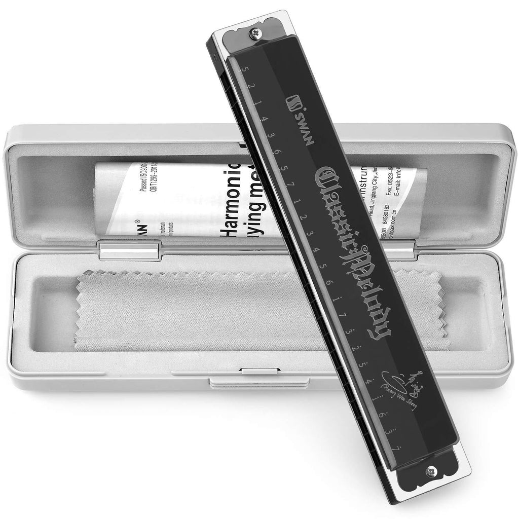 Harmonica 24 Holes Key of C with Case for Professional Player Beginner Students, Excellent Gift for Music Fan (Swan)- Bright Black, Best Music Gift