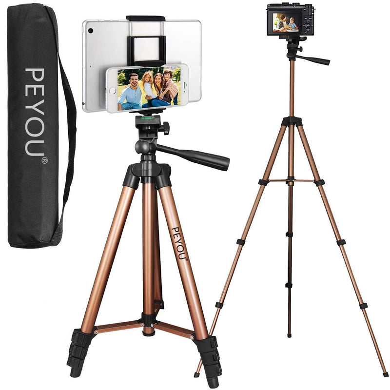 PEYOU Compatible for Ipad iPhone Tripod, 50 Inch Extendable Lightweight Aluminum Smartphone Camera Tablet Tripod Stand for Video + Wireless Remote + 2 in 1 Phone/Tablet Tripod Mount Holder Gold