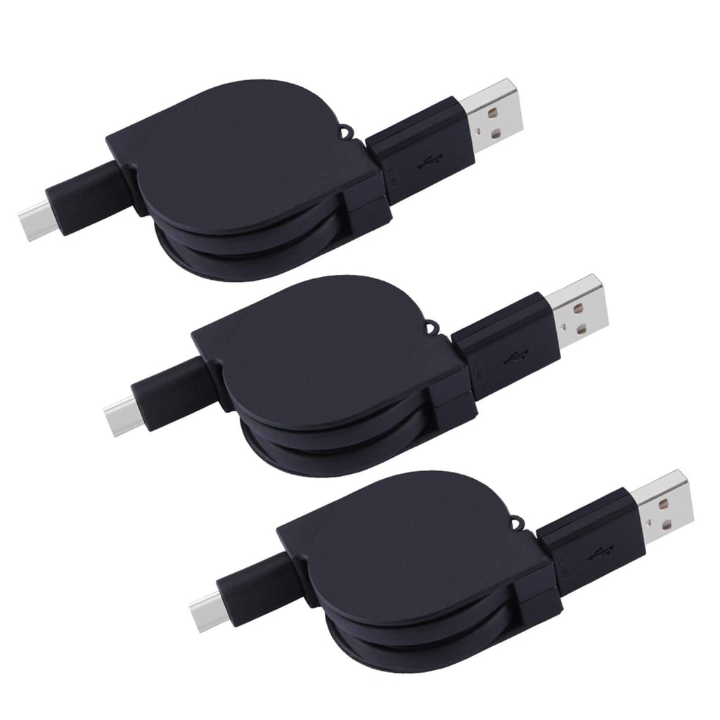 Retractable USB Type C Cable Type C Charger USB C to USB A Data Sync Charging Cord Note 8 Charger for Samsung Galaxy Note 9, S9 S8 Plus, Google Pixel 2 XL, LG G5 G7 V35 ThinQ, V30, ZTE Blade Z Max X 3xPack Black