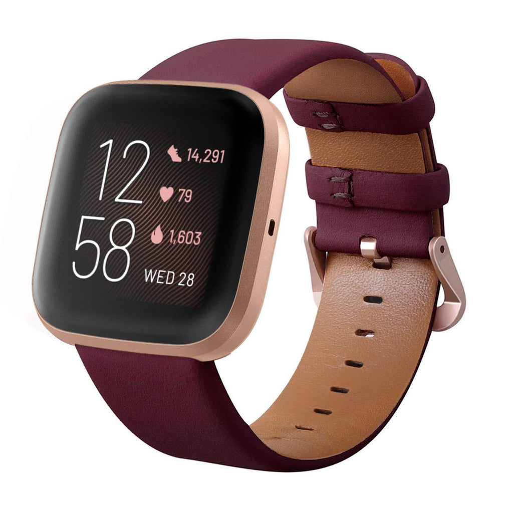 KADES for Fitbit Versa 2 Bands, Leather Band Replacement Strap Compatible with Fitbit Versa 2/Versa/Versa Lite/Versa SE Smartwatch for Women Men (Wine Band+Rose Gold Buckle) Wine red Small