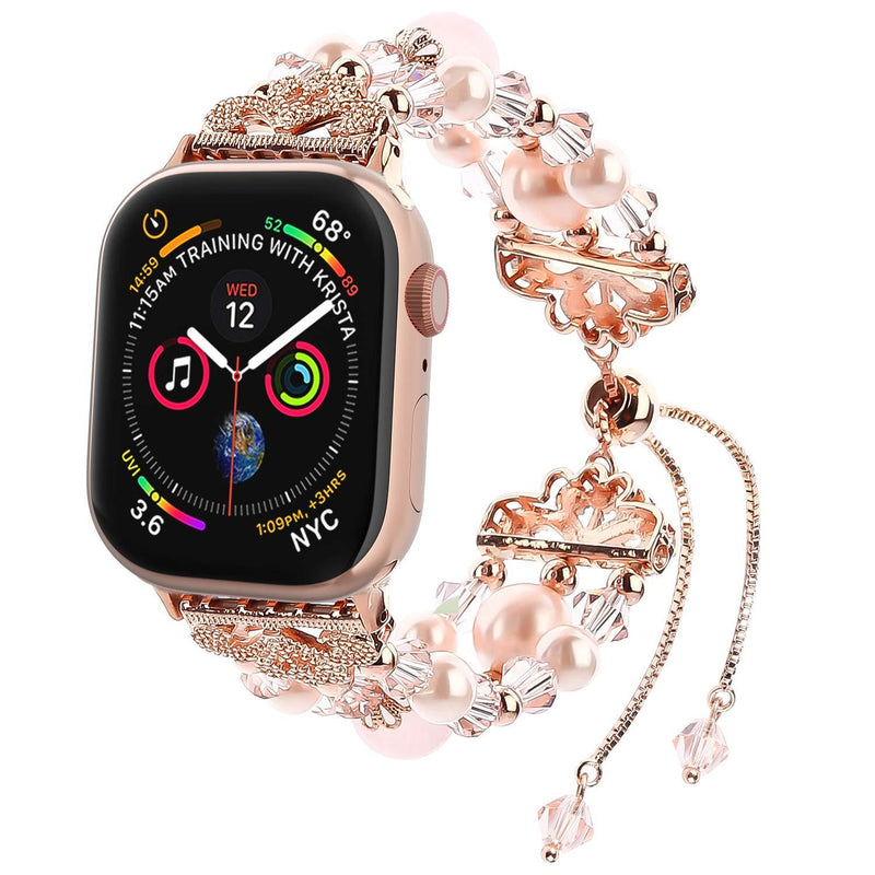 fohuas beaded Bracelet Compatible for Apple Watch 42mm 44mm Series SE 6 5 4 3 2 1, Adjustable Crystal Beads Handmade Pearl iWatch Band Elastic Stretch Jewelry Wristband for Women Girl Rose Gold 38mm/40mm
