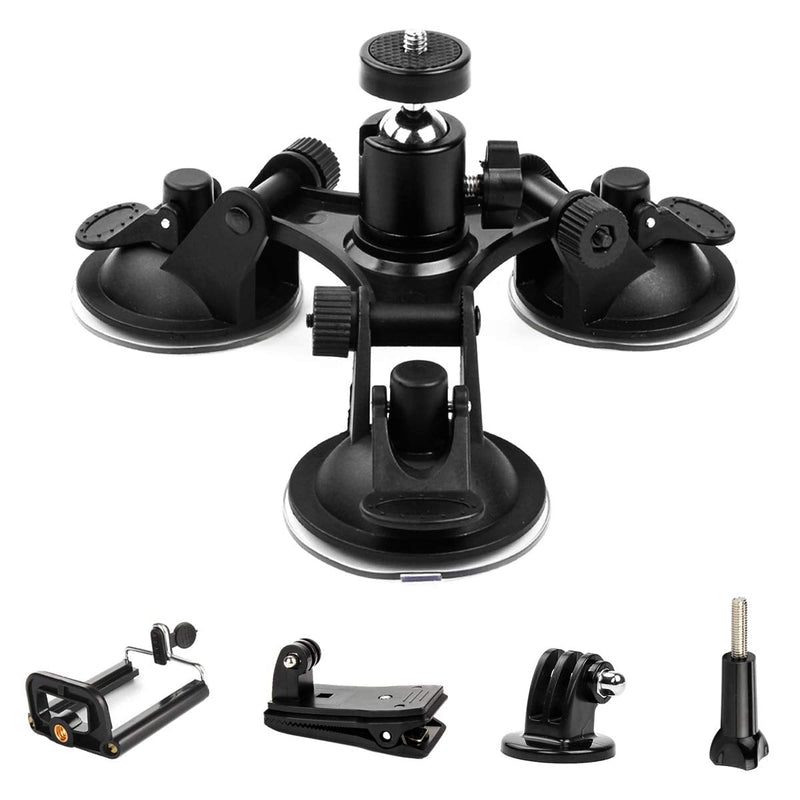 [AUSTRALIA] - Camera Mount for Car - Camera Suction Mount - Car Mount Triple Suction Cup Mount with 1/4 Threaded Head 360 Degree Tripod Ball Head Black B 