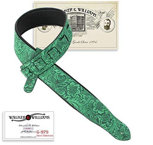 Walker & Williams G-975 Kelly Green Tooled Guitar Strap with Soft Padded Back