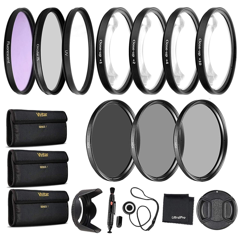 52mm Precision 10-PC Filter Kit Accessory Bundle - Includes UV, CPL, FLD, ND2, ND4, ND8 and 4 Macro Close-up Filters, Lens Hood, Cap, Cases and More 52mm Bundle