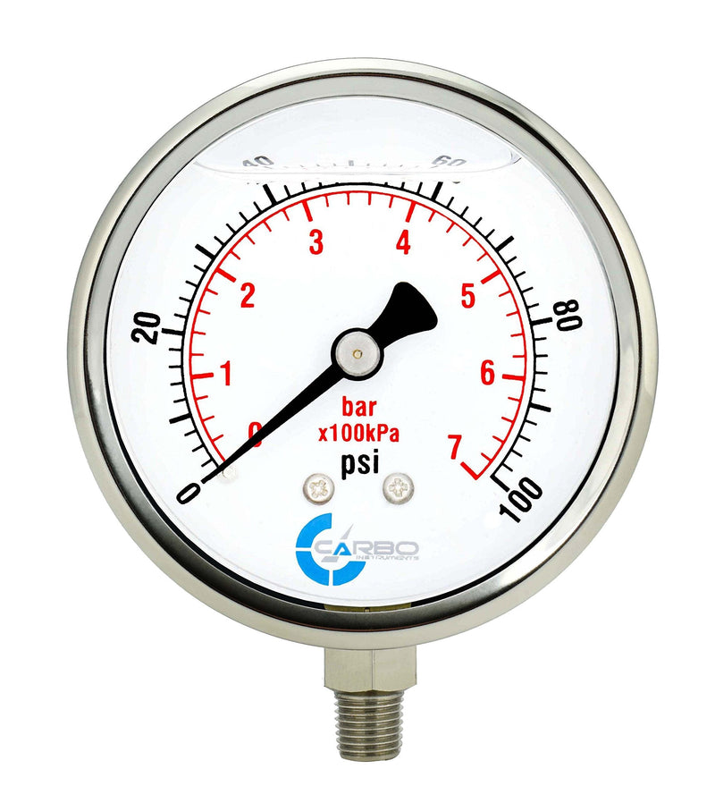 CARBO Instruments 4" Pressure Gauge, Stainless Steel Case, Chrome Plated Brass Connection, Liquid Filled, 0-100 psi/kPa, Lower Mount 1/4" NPT