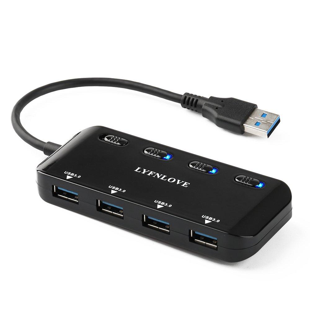 LYFNLOVE Ultra Slim USB 3 Hub, 4-Ports USB 3.0 Splitter High-Speed USB Data Hub with Individual On/Off Power Switches for Laptop, Computer, PC, Thumb Driver and More