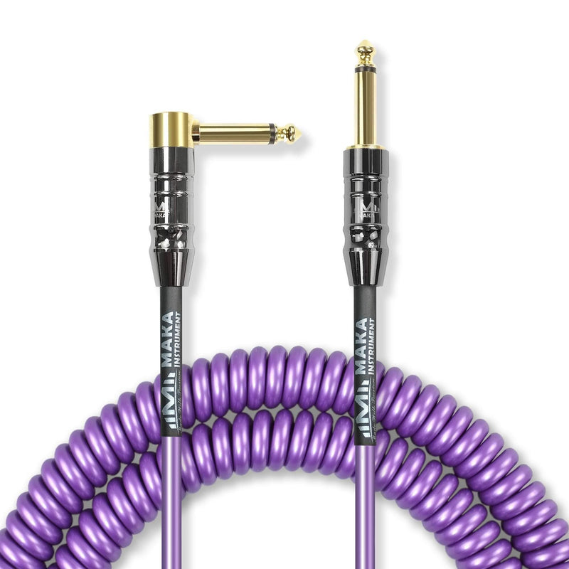 M MAKA Premium Guitar Coil Cable 20 Feet, Instrument Coiled Curly Cord for Guitar Bass, 1/4 inch Right Angle to Straight, Purple 20'