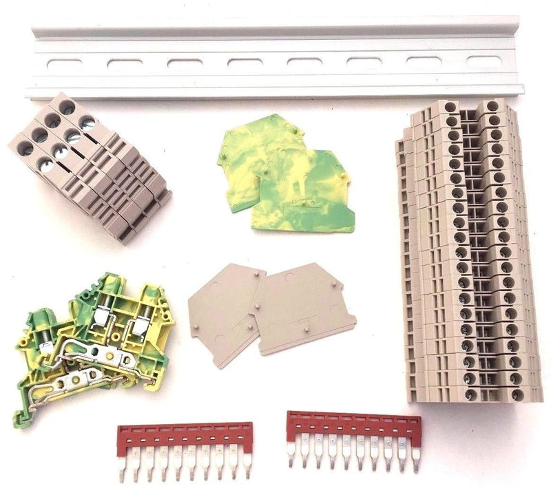 Dinkle - DIN Rail Block Kit #1 UL Listed DIN Rail Terminal Block Kit #1 20 DK2.5N 12 AWG Gauge 20A 600V Ground DK4N-PE Jumper DSS2.5N-10P End Covers End Brackets