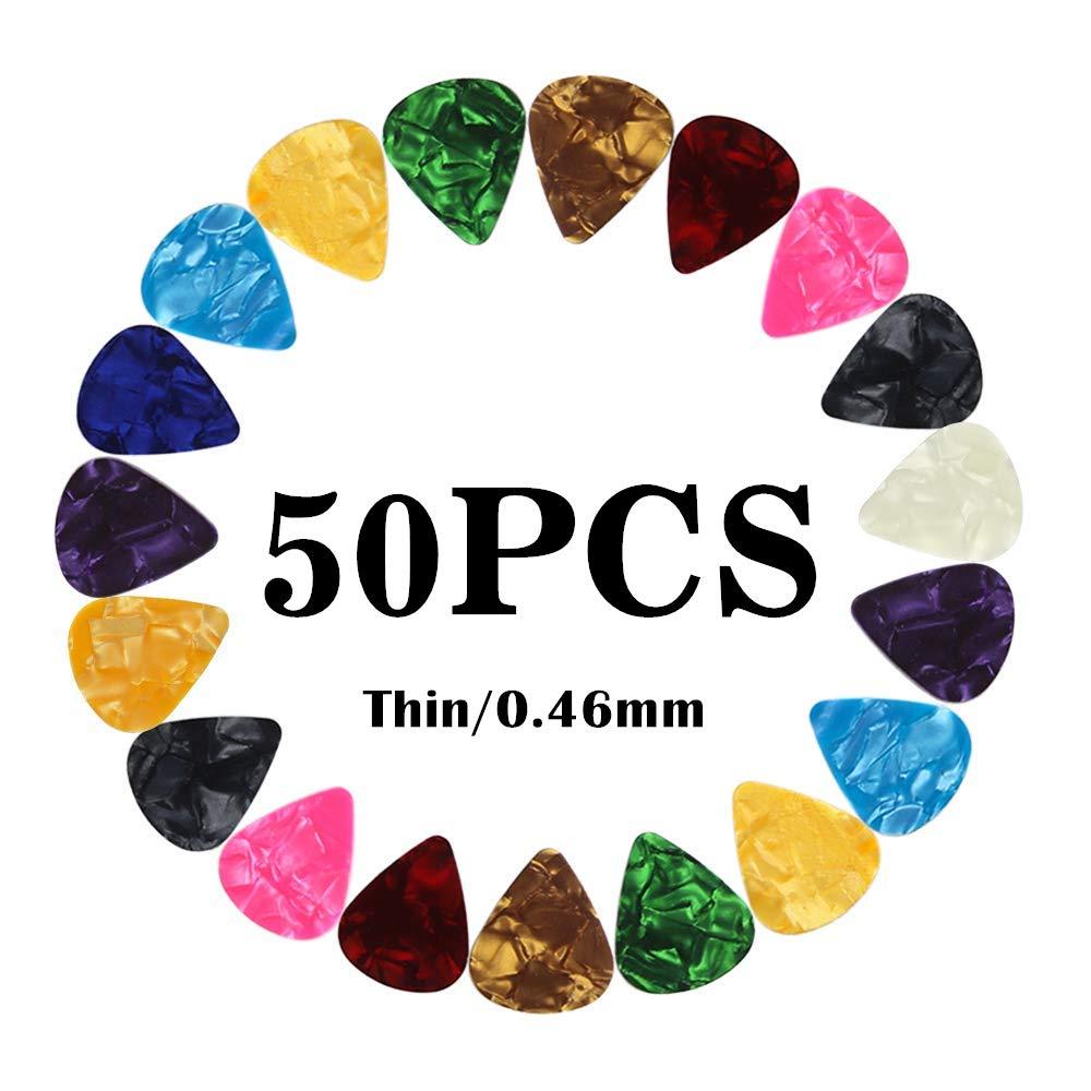 Guitar Picks Thin Light Soft Gauge Assorted Pearl Variety Sampler Pack Celluloid - 50 Pcs Mixed Colorful - Plectrums for Gift Acoustic Guitar, Bass and Electric Guitar - 0.46mm