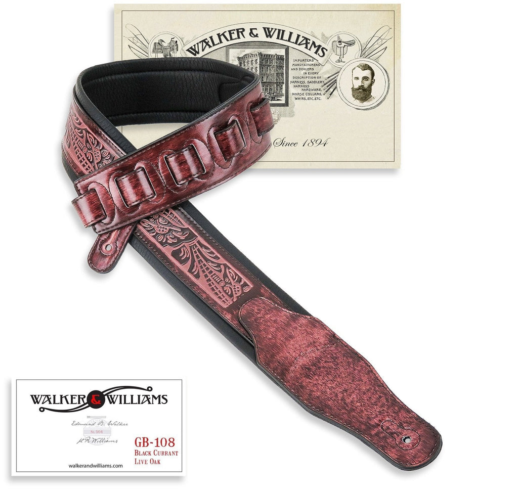 Walker & Williams GB-108 Black Currant Padded Strap with Live Oak Pattern