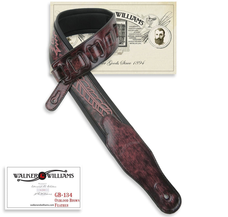 Walker & Williams GB-134 Oxblood Brown Native American Feather Padded Guitar Strap