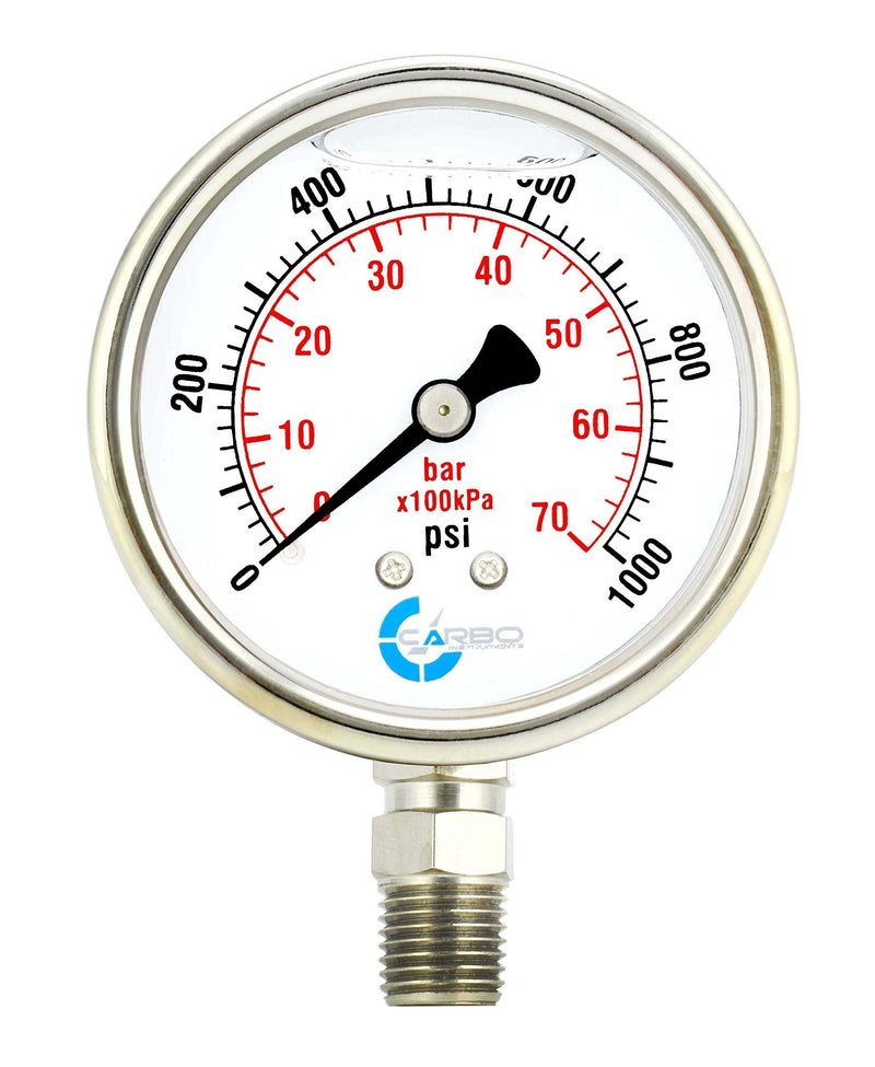 CARBO Instruments 2 1-2" Pressure Gauge, Stainless Steel Case, Chrome Plated Brass Connection, Liquid Filled, 0-1000 psi/kPa, Lower Mount 1/4" NPT