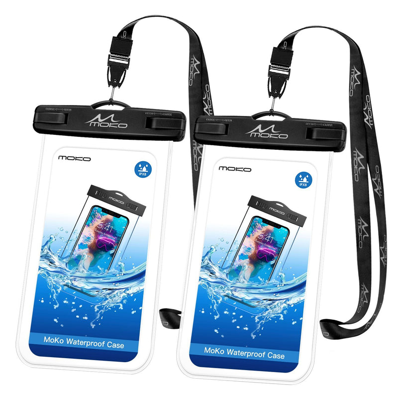 MoKo Waterproof Phone Pouch [2 Pack], Underwater Phone Case Dry Bag with Lanyard Compatible with iPhone 13/13 Pro Max/iPhone 12/12 Pro Max/11 Pro Max, X/Xr/Xs Max, 8/7, Samsung S21/S10/S9, Note 10/9/8 Black+Balck