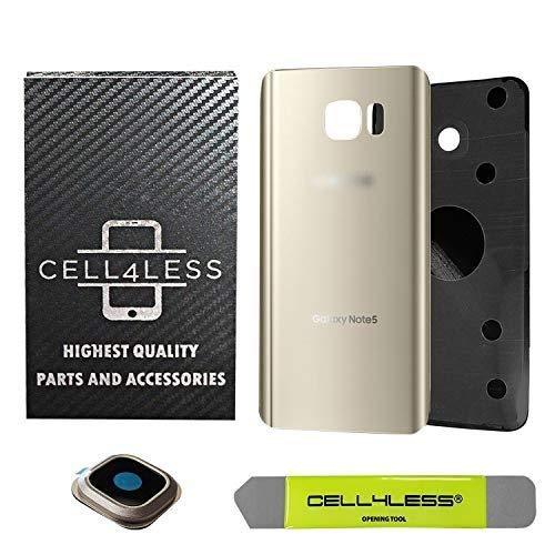 CELL4LESS Compatible with Galaxy Note 5 Replacement Rear Back Glass Back Cover w/Camera Lens, Custom Removal Tool & Pre-Installed Adhesive - Fits N920 Models - 2 Logo (Gold) Gold