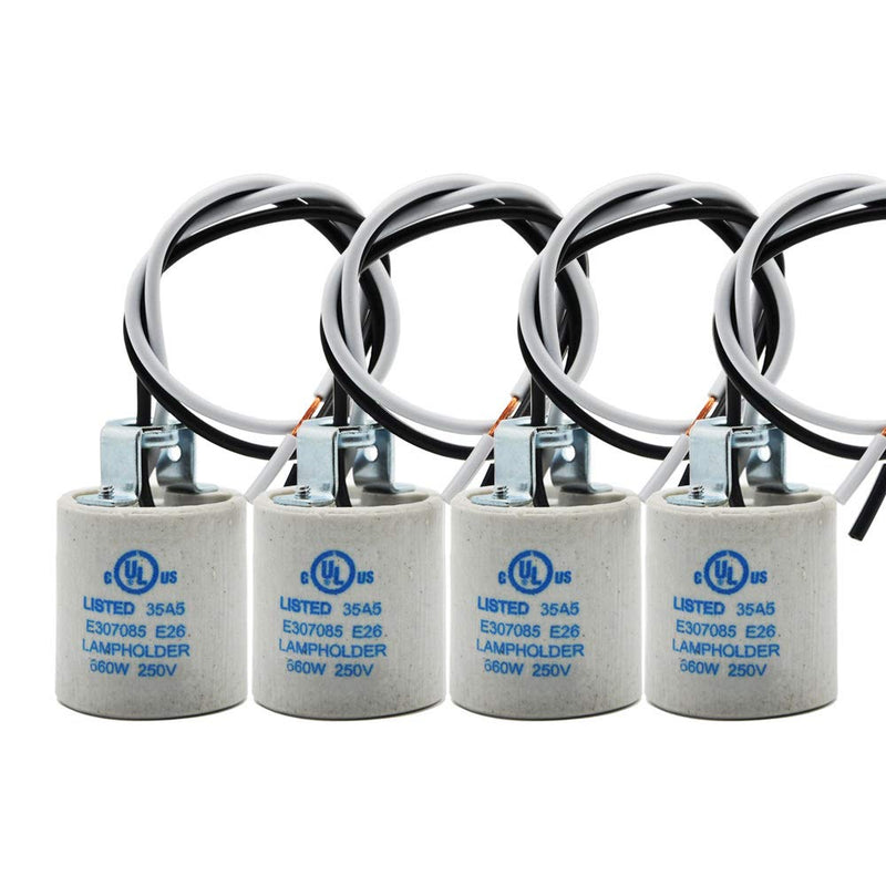 E26 Socket,Ceramic Standard Medimun Screw Socket E26 E27 Bulb Lamp Holder,E26 Light Socket with Wire Lead for Halogen Incandescent LED Light Bulb (4-Pack) 4 Pack
