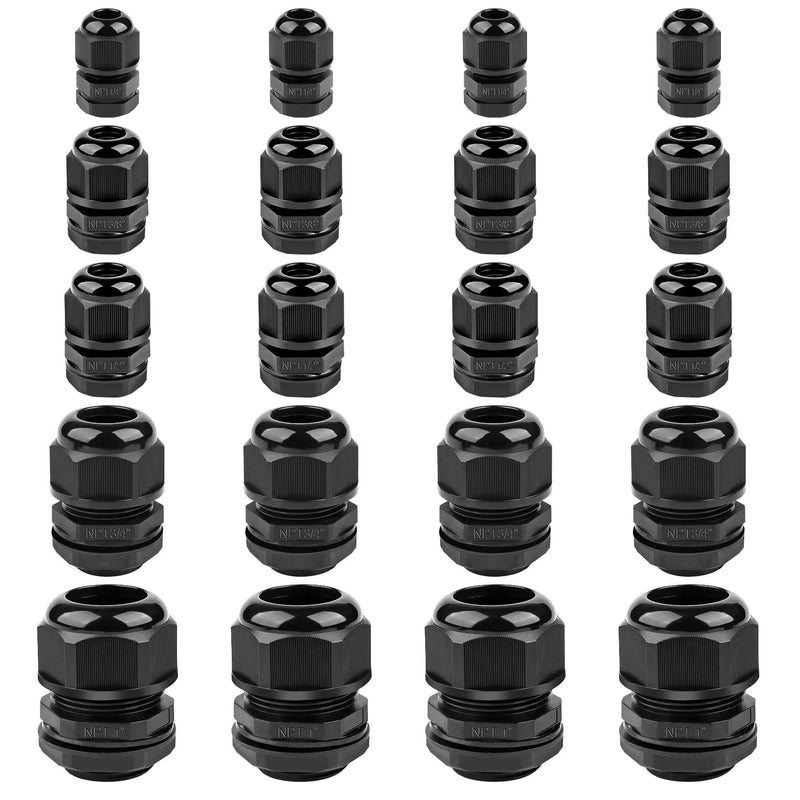 IP68 Nylon Cord Grip Waterproof NPT Cable Glands Assortment 20pcs UL Listed and RoHS Compliant Cable Strain Relief 1/4", 3/8'', 1/2'', 3/4'', 1'', Black Assorted(20pcs)
