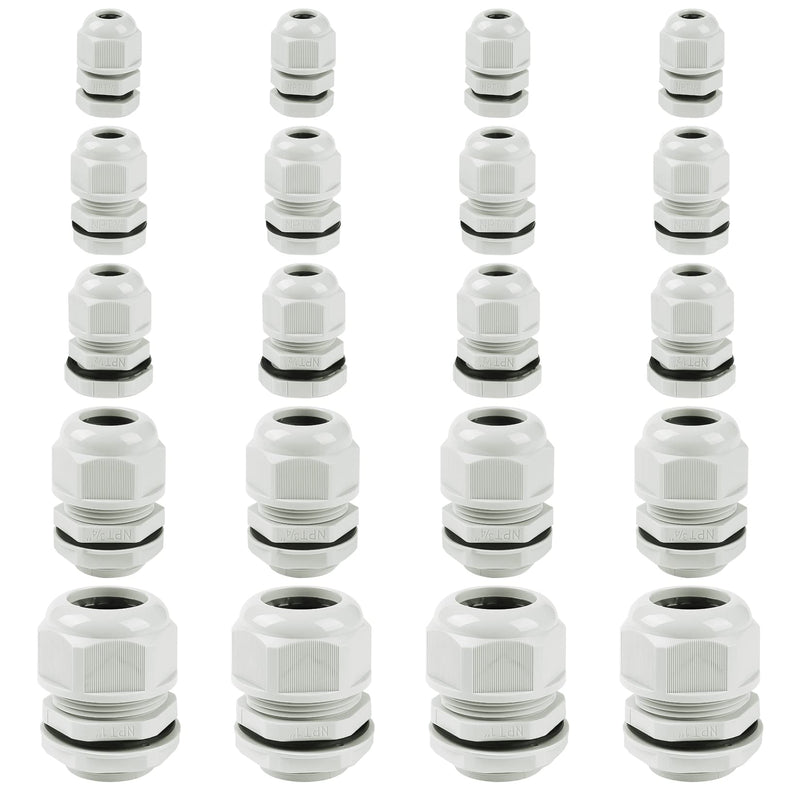 IP68 Nylon Cord Grip Waterproof NPT Cable Glands Assortment 20pcs UL Listed and RoHS Compliant Cable Strain Relief 1/4", 3/8'', 1/2'', 3/4'', 1'', RoHS Compliant Grey Assorted(20pcs)