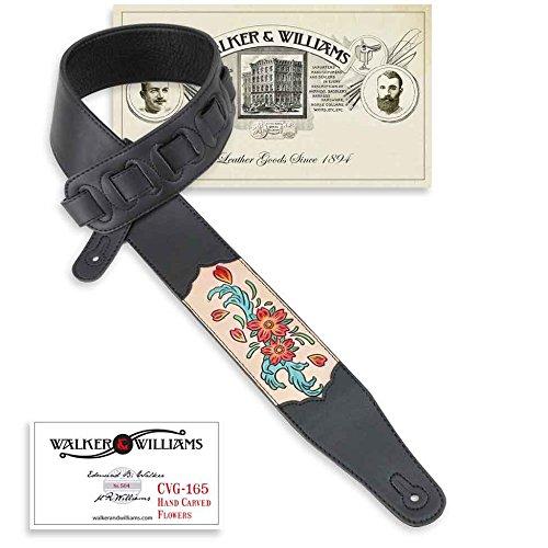 Walker & Williams CVG-165 Black Leather Padded Guitar Strap with Hand Carved Red & Blue Flowers