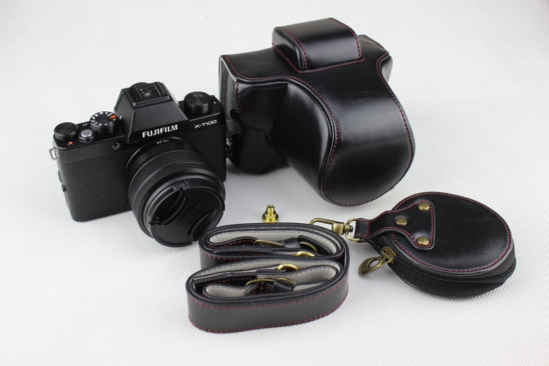 X-T100 Case, BolinUS Handmade PU Leather FullBody Camera Case Bag Cover for Fujifilm Fuji X-T100 XT100 15-45mm Lens Bottom Opening Version + Neck Strap + Mini Storage Bag -Black Black