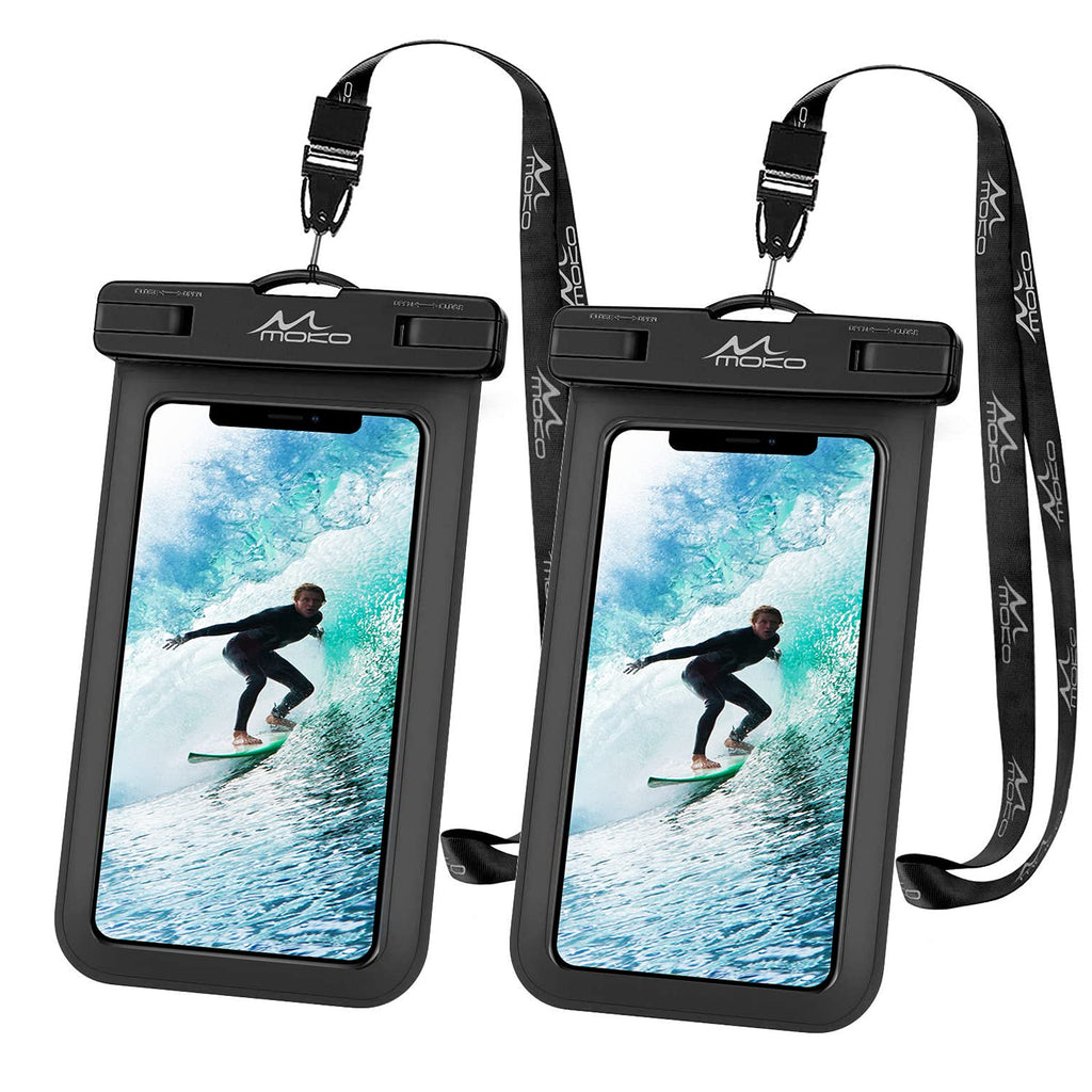 MoKo Waterproof Phone Pouch Holder [2 Pack], Underwater Phone Case Dry Bag with Lanyard Compatible with iPhone 13/13 Pro Max/iPhone 12/12 Pro Max/11 Pro Max, X/Xr/Xs Max, Samsung S21/S10/S9/S8 Plus Black+Black