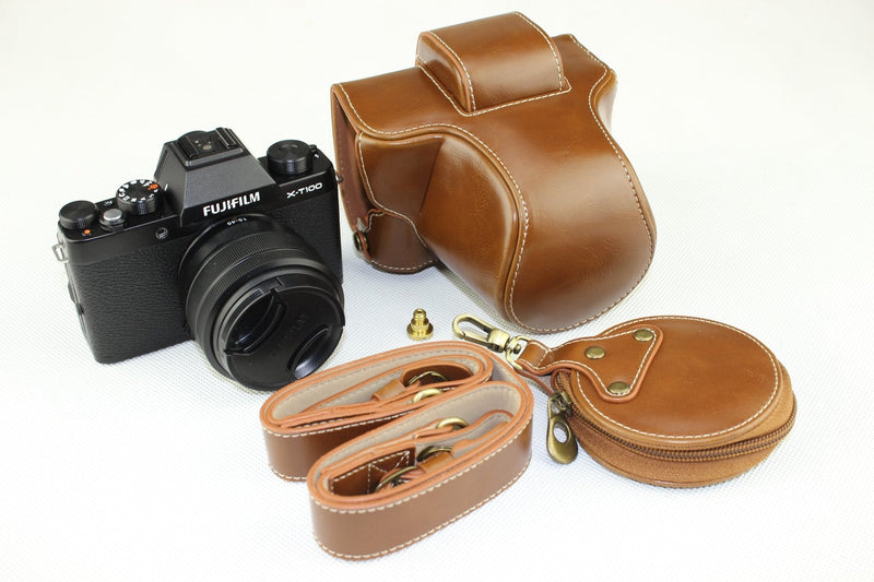 X-T100 Case, BolinUS Handmade PU Leather FullBody Camera Case Bag Cover for Fujifilm Fuji X-T100 XT100 15-45mm Lens Bottom Opening Version + Neck Strap + Mini Storage Bag -Brown Brown