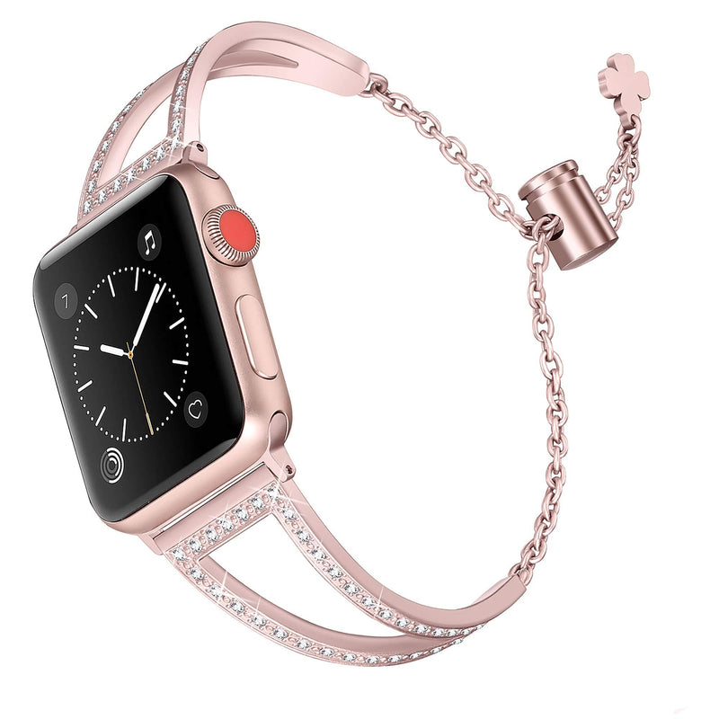 Secbolt Bling Bands Compatible with Apple Watch Bands 38mm 40mm 42mm 44mm iWatch SE Series 6/5/4/3/2/1, Women Dressy Metal Jewelry Bracelet Bangle Wristband Stainless Steel Rose Gold 38mm/40mm