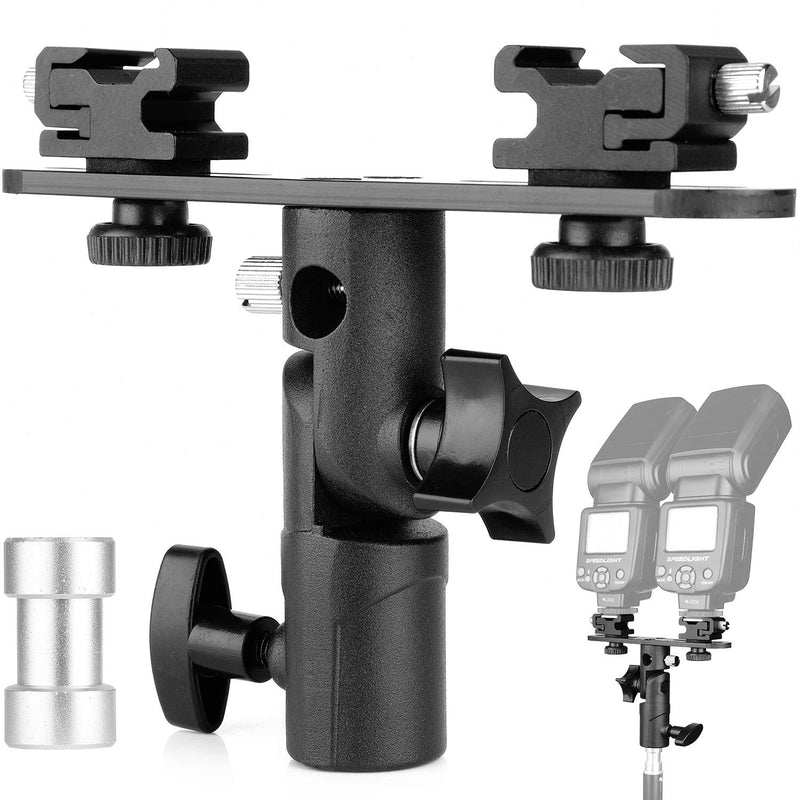 ChromLives Dual Flash Bracket Hot Shoe Speedlight Stand Umbrella Holder Light Stand Bracket Mount 1/4'' to 3/8'' Compatible with Studio Video DSLR Camera Canon Nikon Yongnuo Black