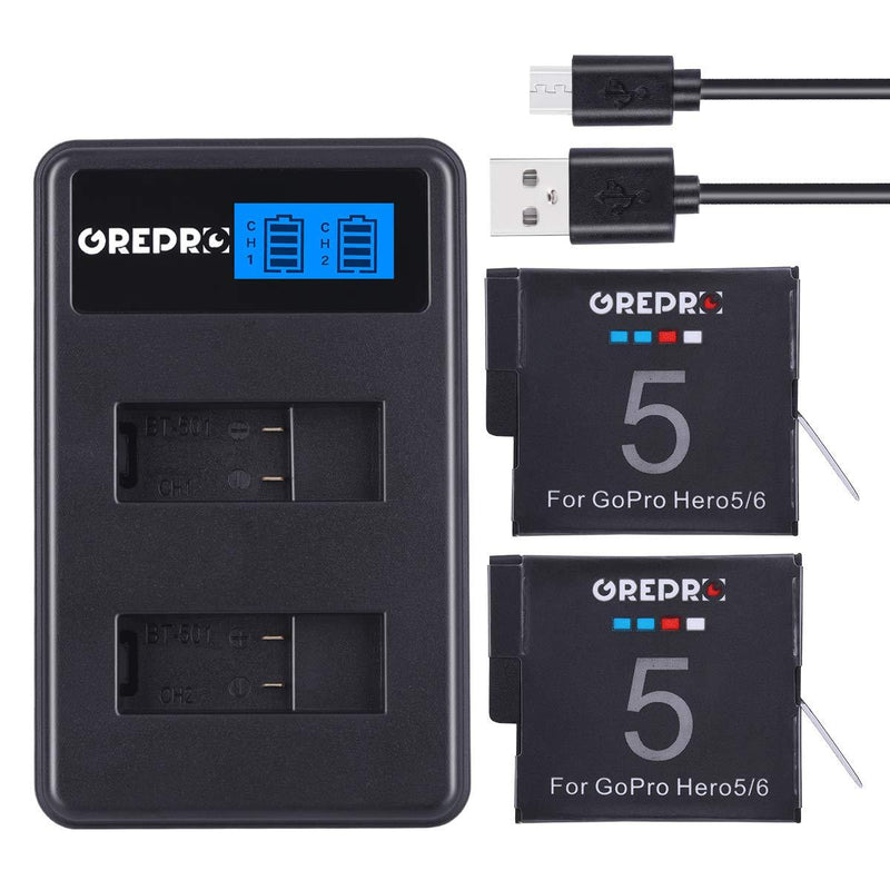 Grepro GoPro Hero Replacement Battery (2 Pack) and Dual USB LCD Charger 100% Compatible for Sports Digital Camera GoPro Hero 5, Hero5 Black, Hero7, Hero 6, Hero6 Black, Hero (2018), GoPro AHDBT-501