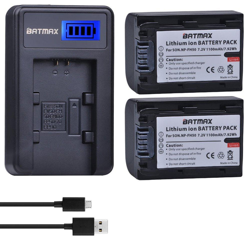 Batmax 2Packs NP-FH50 Battery + LCD USB Charger for Sony NP-FH30,NP-FH40,NP-FH50 H Series Batteries;Sony Alpha DSLR A230, DSLR A290, DSLR A330, DSLR A380, DSLR A390, Cyber-Shot DSC-HX1 Handycams