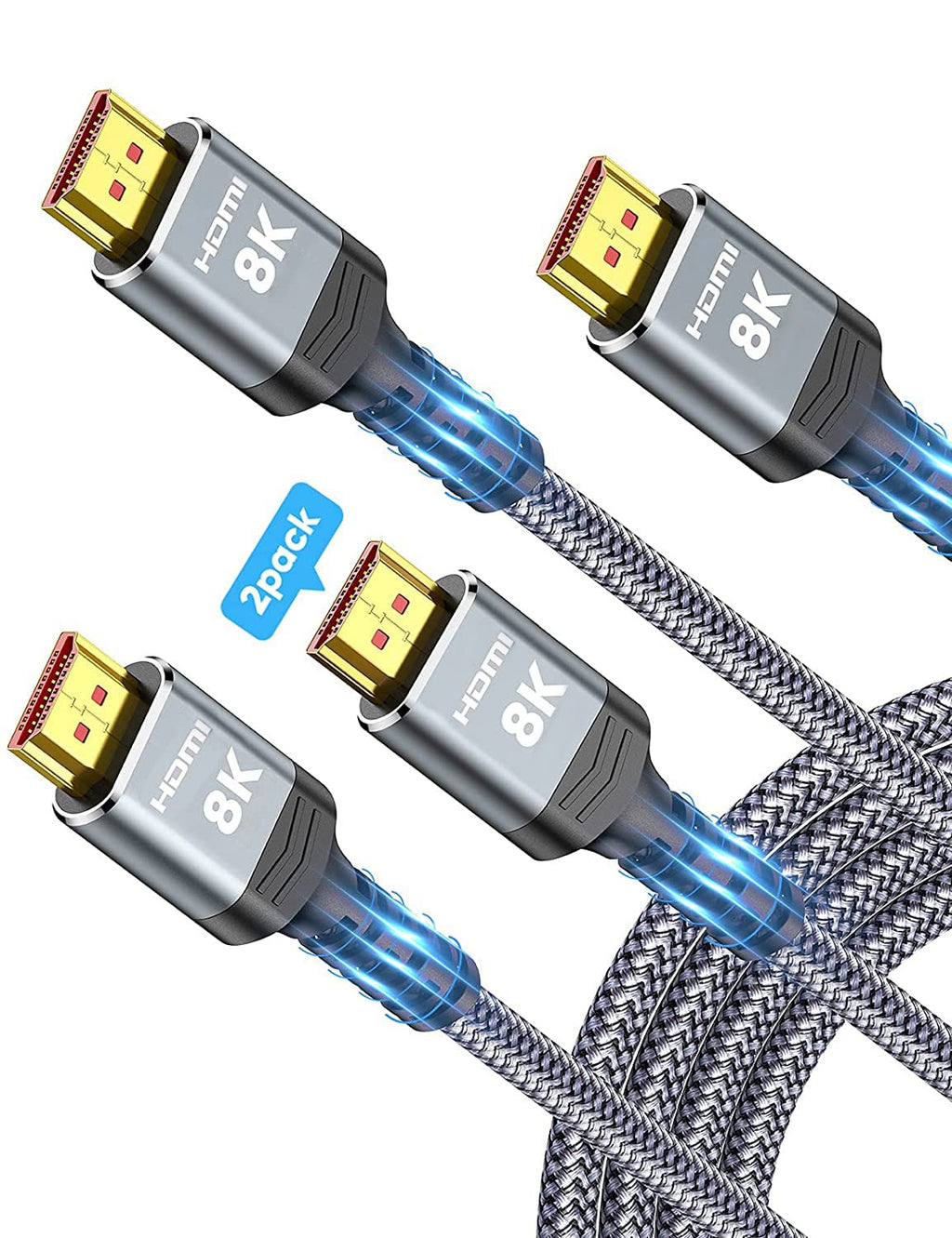 8K HDMI Cable 2.1 10FT/3M 2-Pack, Highwings 48Gbps High Speed HDMI Cord-Nylon Braided 8K60Hz 4K120Hz 4K144Hz 3D eARC HDR10 4:4:4 HDCP 2.2&2.3 QMS DSC VRR, Compatible for Laptop, Monitor, Roku TV,HDTV 10 feet