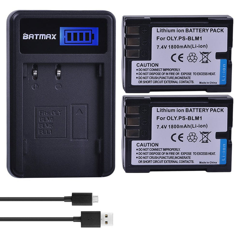 Batmax 2Packs PS-BLM1 BLM-1 PS BLM1 Battery + LCD USB Battery Charger for Olympus E-300 E-330 E-500 E-510 C-5060 C-7070 C-8080 E-1 E-3 E-30 E520 Camera Batteries