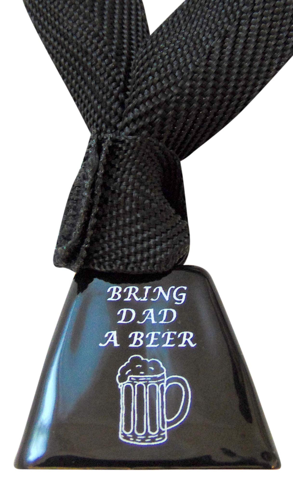 Bring Dad A Beer Cowbell Mini Brass Bell with Ribbon for Wearing or Christmas Tree Ornament Made in the USA, 2 Inches