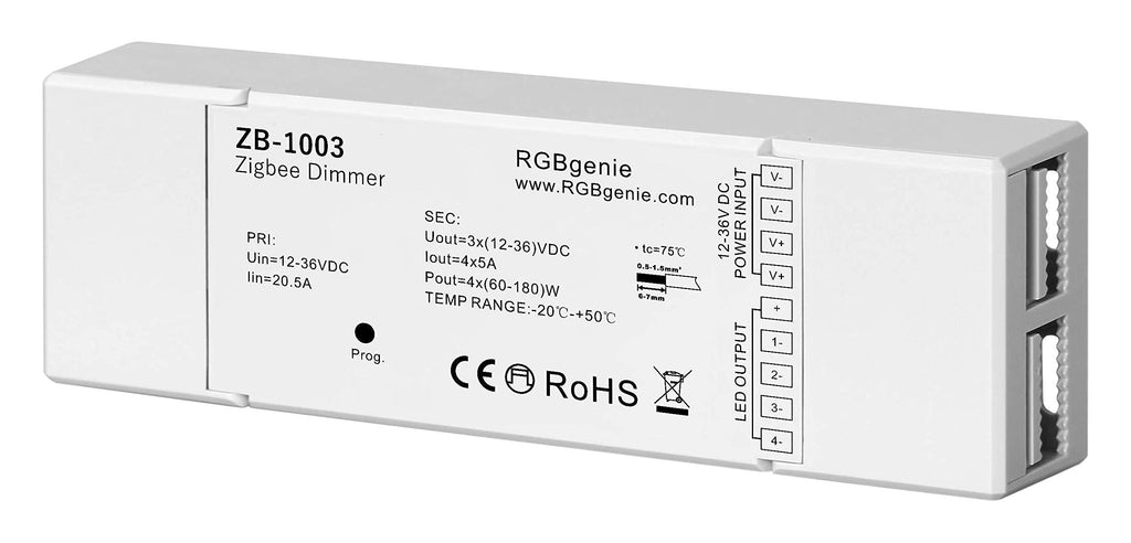 Zigbee LED Controller for LED Strip Lights. Dimmer and Repeater, 4 Channels at 5 Amps each, 720 Watts, RGBgenie ZB-1003